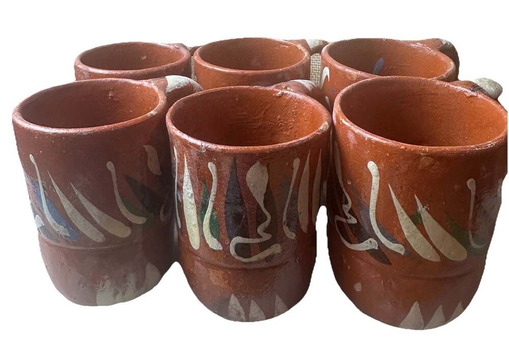 Lot Of 6 Mini Mexican Pottery Terracotta Clay Coffee Chocolate Cups 3” High